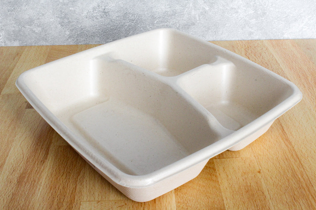 32oz Square Molded Fiber Tray | 3 Compartment Tray | Compostable